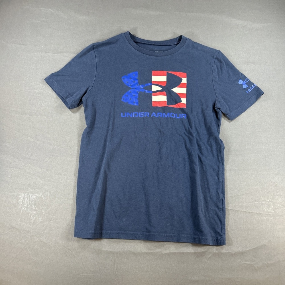 Under Armour Boys YL Navy Loose Fit Patriotic Graphic Logo T-Shirt
